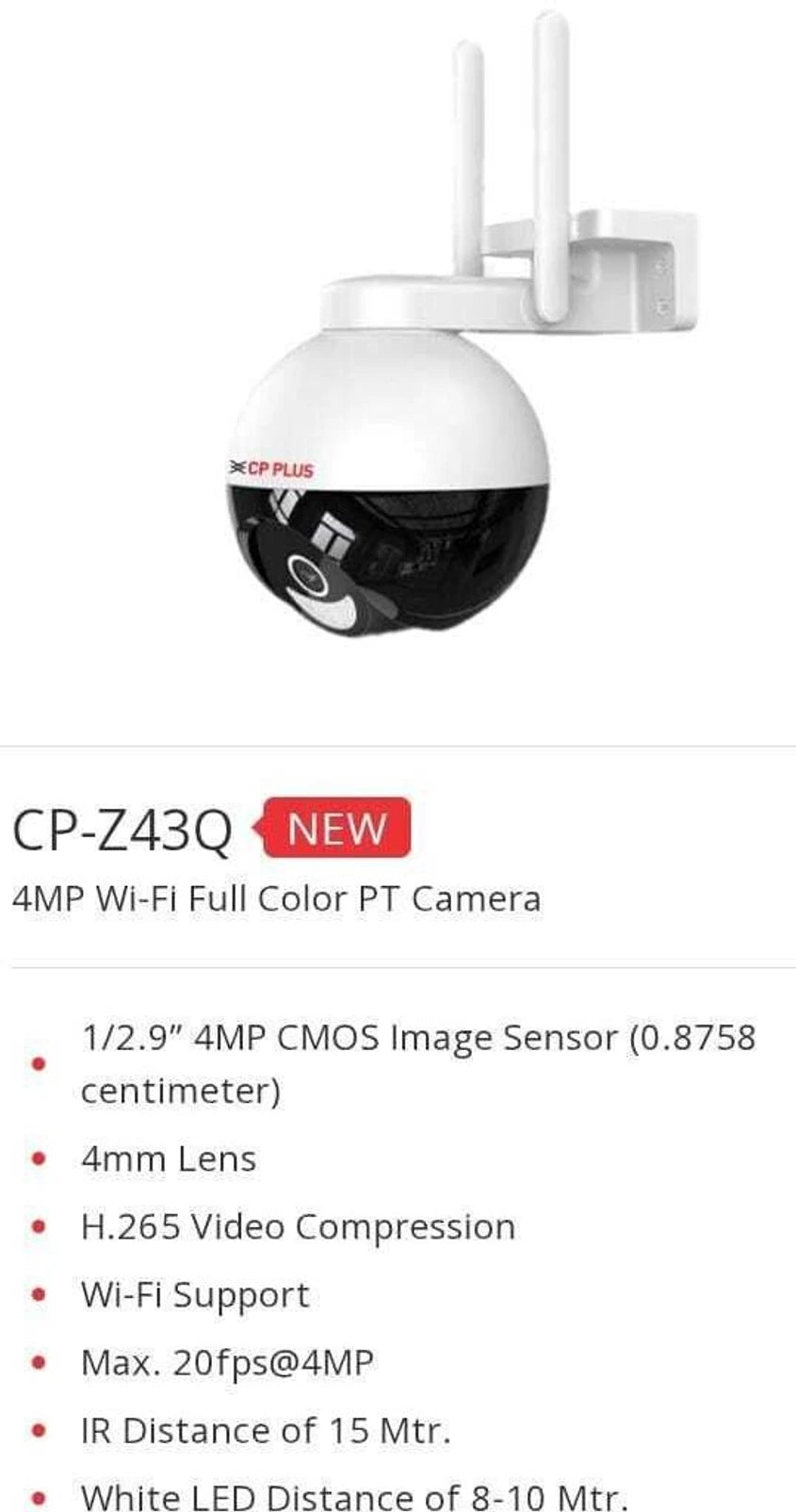 CP PLUS 4MP OUTDOOR WIFI PT CAMERA WITH COLOR NIGHT VISION,2WAY TALK Security Camera (256 GB, 1 Channel)|CP-Z43Q
