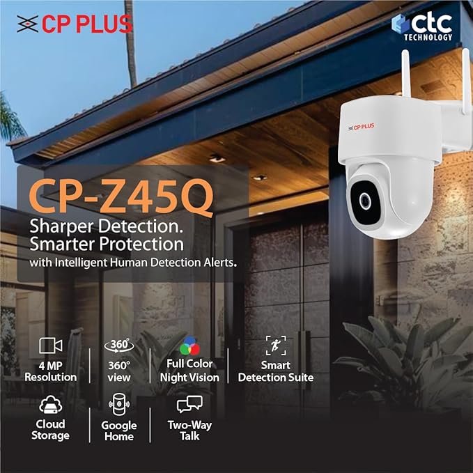 CP PLUS 4MP Quad HD Wi-Fi CCTV Camera for Outdoor | 360° Pan & Tilt | Full-Color Night Vision | CP-Z45Q