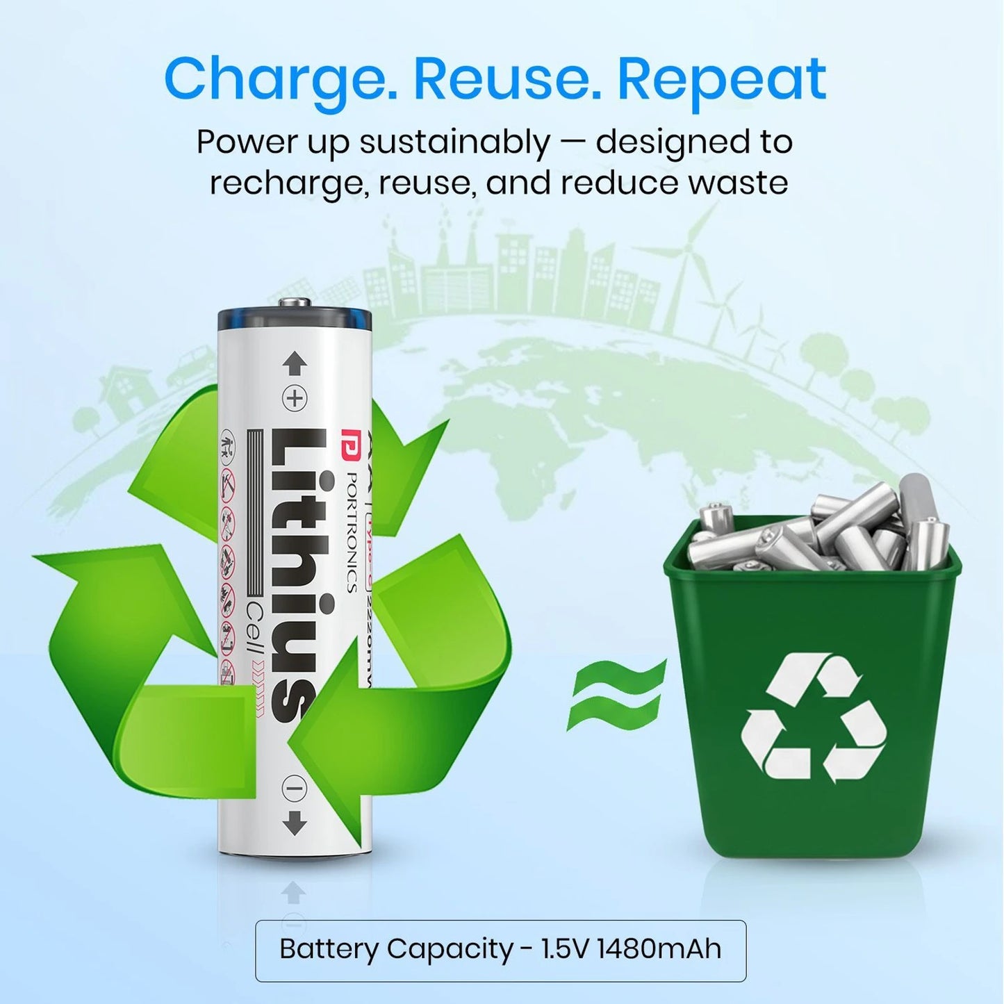 Portronics AA Lithius Type C Rechargeable Batteries , Pack of 2 , Upto 1480mAh Capacity  Battery (Pack of 2)